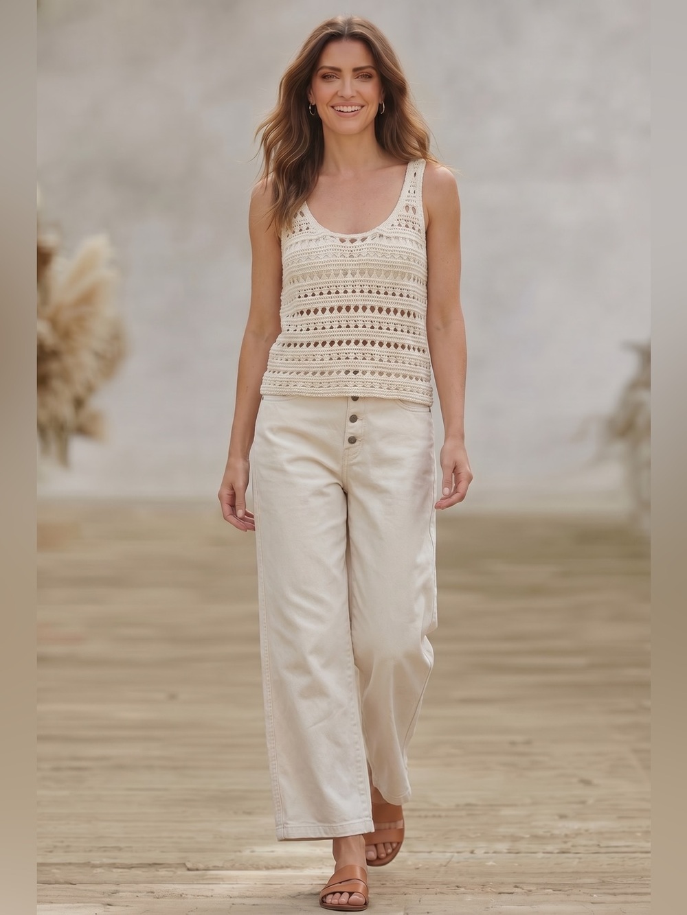 Blu Pepper Cream Crochet Knit Tank Top Large Boho Cotton Open Knit